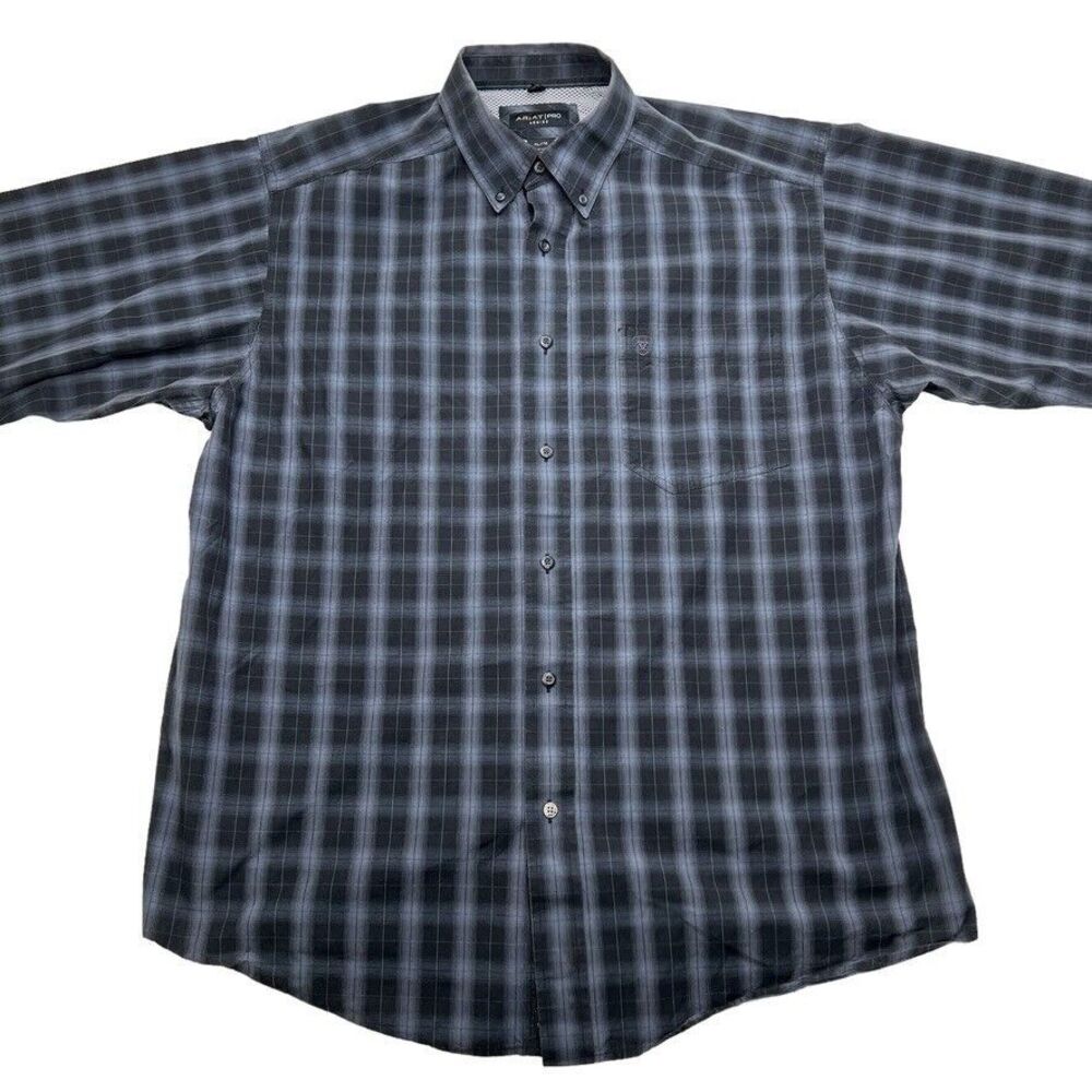 Ariat Shirt Men's XL Black Plaid Cotton Pleated Long Sleeve Collared Button-Down
